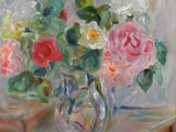 une peinture de fleurs dans un vase sur une table