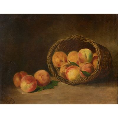 une peinture représentant des pêches dans un panier, avec des feuilles, posées sur une table