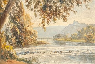 a watercolor painting of a river with a bridge in the background