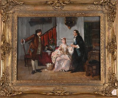 painting of a man and a woman sitting in a living room