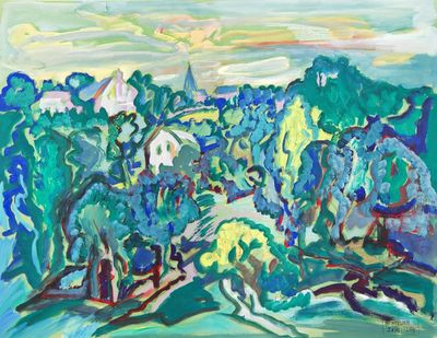 a painting of a landscape with trees and a sky in the background