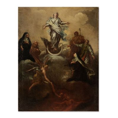 une image représentant un tableau où l'on voit une femme sur un nuage, entourée d'anges