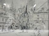 dessin représentant une scène de rue avec une tour horloge en arrière-plan