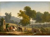 painting of a group of people riding horses on a dirt road