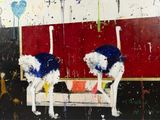 a painting of two dogs that are standing in front of a red wall