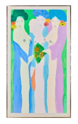 une image représentant un tableau où figurent trois femmes tenant des fleurs dans leurs mains