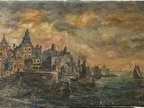 tableau représentant une ville au bord de l'eau avec des bateaux