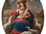 an image of a painting of a woman holding a baby surrounded by sheep