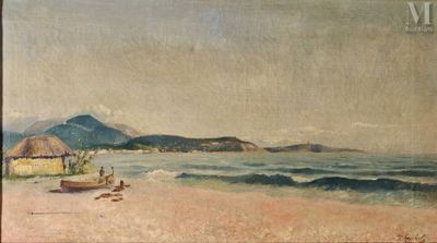 tableau représentant une scène de plage avec un bateau sur le sable et des montagnes en arrière-plan