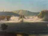 a painting of a large body of water with a mountain in the background