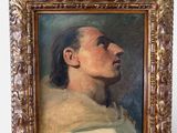 une peinture à l'huile représentant un homme de profil, avec un châle blanc autour du cou