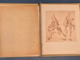 an open book with a drawing of a man and a woman