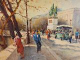 un tableau représentant des personnes marchant dans la rue près d'un bus