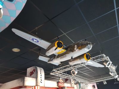 a model of a plane hanging from the ceiling