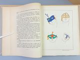 a book open to a page with a drawing of a man ' s head on it