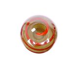 a close up of a red and yellow object on a white surface