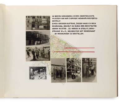 an open book with black and white photos of people and a map