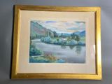 framed watercolor painting of a landscape with a river and a castle