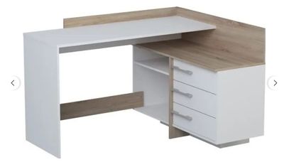 the desk is white and has a wooden top and drawers