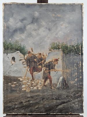 un vieux tableau représentant un homme à cheval tirant une charrette