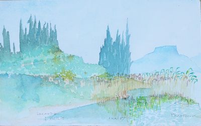 une aquarelle représentant un paysage avec des arbres et des buissons