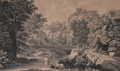 a picture of a drawing of a landscape with sheep