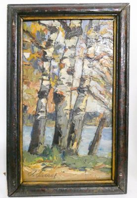 une peinture à l'huile représentant un bouleau au bord d'un lac, dans un cadre en bois