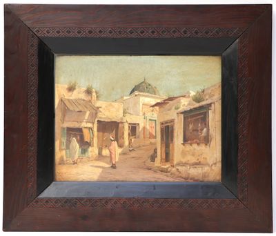 une peinture à l'huile représentant une scène de rue avec un homme marchant dans la rue