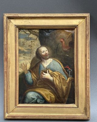 an old painting of a man holding a bird in his hand