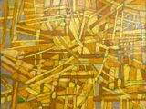 peinture abstraite composée de lignes jaunes et marron sur un fond marron