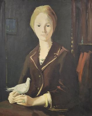tableau représentant une femme assise à une table, tenant un oiseau dans la main