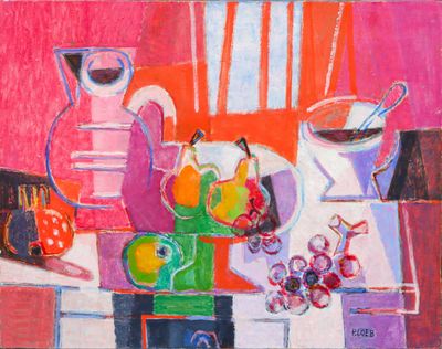 a painting of a still life with fruit and a pitcher