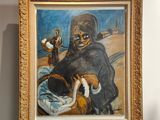 un tableau représentant une femme tenant un chat sur une table