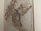 drawing of a man riding a bird on a wave with a bird on its back