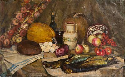 un tableau représentant une nature morte avec des fruits et des légumes posés sur une table