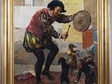 painting of a man holding a tennis racquet in front of a group of dogs