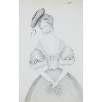 a drawing of a woman in a dress with a hat on her head