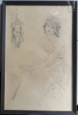 dessin représentant une femme en robe blanche assise devant un miroir
