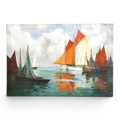 tableau représentant des voiliers sur l'eau, avec un ciel nuageux en arrière-plan