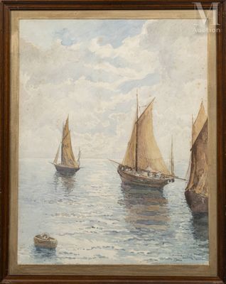 an image of a painting of sailboats in a body of water