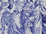 a drawing of a group of people carrying a cross