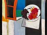 une peinture représentant une coupe de fruits sur une table