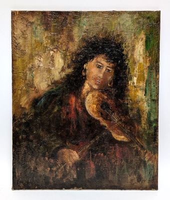 an oil painting of a woman with a violin on a white background
