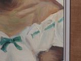 a painting of a woman in a white dress with a green bow