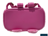 a pink purse with two handles on a white background
