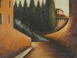 painting of a street with houses and trees on the side of it
