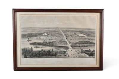 un dessin en noir et blanc représentant une vue de la ville