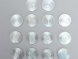 a group of twenty silver coins arranged in a circle