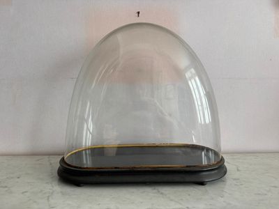 une cloche en verre avec un socle noir posée sur une table