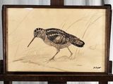 tableau représentant un oiseau au long bec, posé sur un chevalet en bois